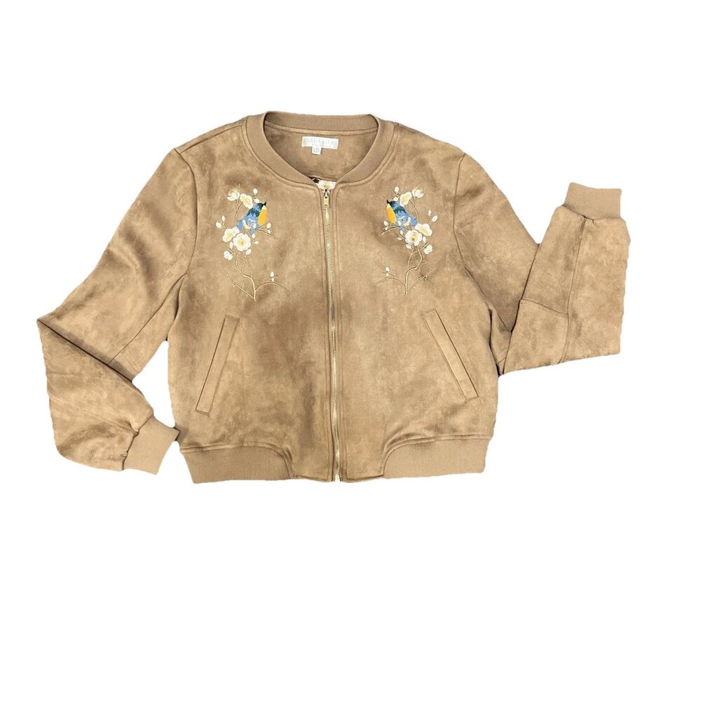Ravi Khosla Embroidered BLUEBIRDS Jacket M Brown Bomber Zip Velvet SOLITAIRE